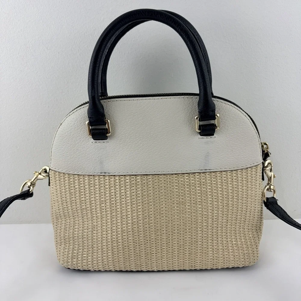 Kate Spade Reiley Straw Dome Satchel Crossbody Bag Cream Black Leather Woven